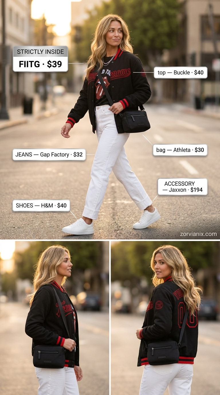 Sporty Spice Summer: Straight white jeans, graphic tee, bomber jacket, sneakers for women's summer outfits 2026.