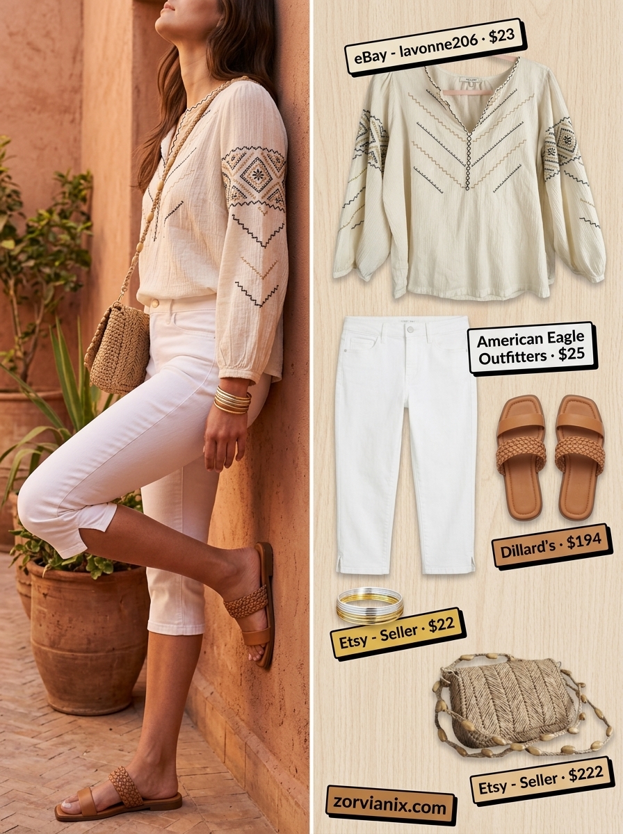 Effortless Vacation Style: White capri jeans, embroidered blouse, tan slides, raffia bag for summer outfits 2026.