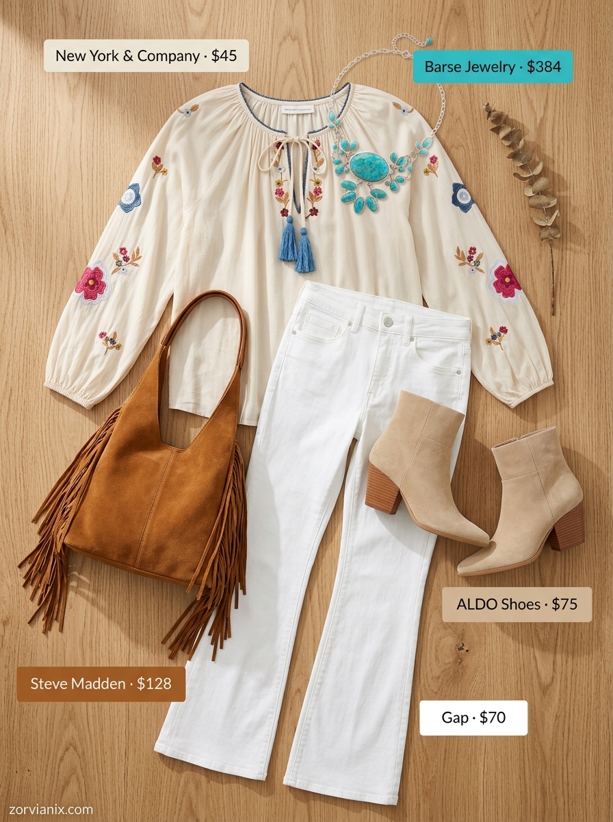 Summer white jeans outfits for women 2026: Bohemian flare jeans with embroidered peasant blouse and suede bag.