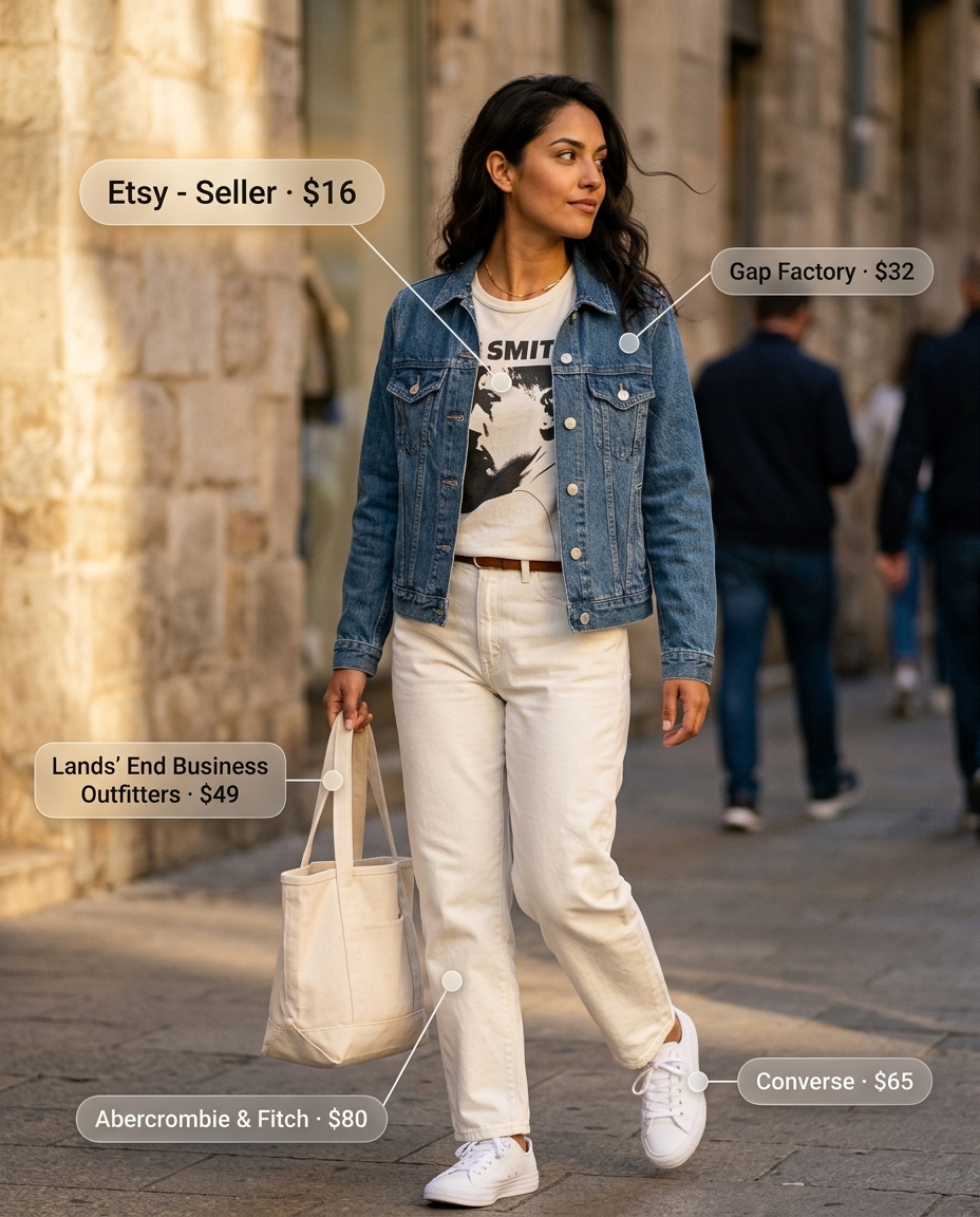 Summer white jeans outfits for women 2026: Casual look with graphic tee, denim jacket, and relaxed white jeans.