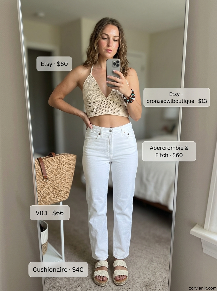 Summer white jeans outfits for women 2026: Coastal crochet top with straight-leg white jeans and straw tote for vacation.