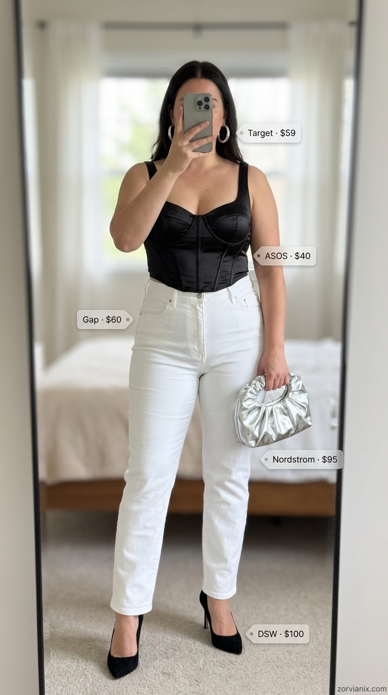 Summer white jeans outfits for women 2026: Edgy black corset top, silver hoops, and white slim-fit jeans for a night out.