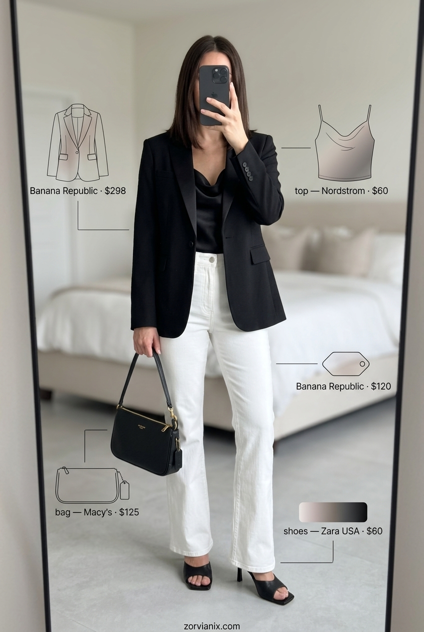 Summer white jeans outfits for women 2026: Elegant evening look with bootcut white jeans, blazer, and camisole.