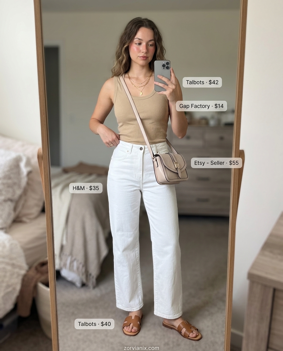Summer white jeans outfits for women 2026: Wide-leg white jeans with ribbed tank and leather slides for effortless chic.