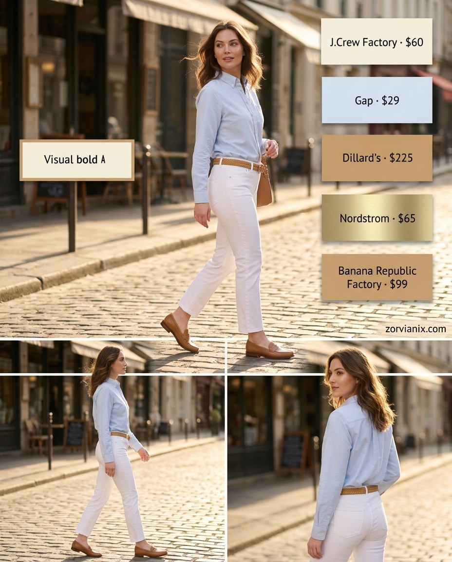 Summer white jeans outfits for women 2026: White straight-leg jeans, light blue shirt, tan loafers for modern preppy style.