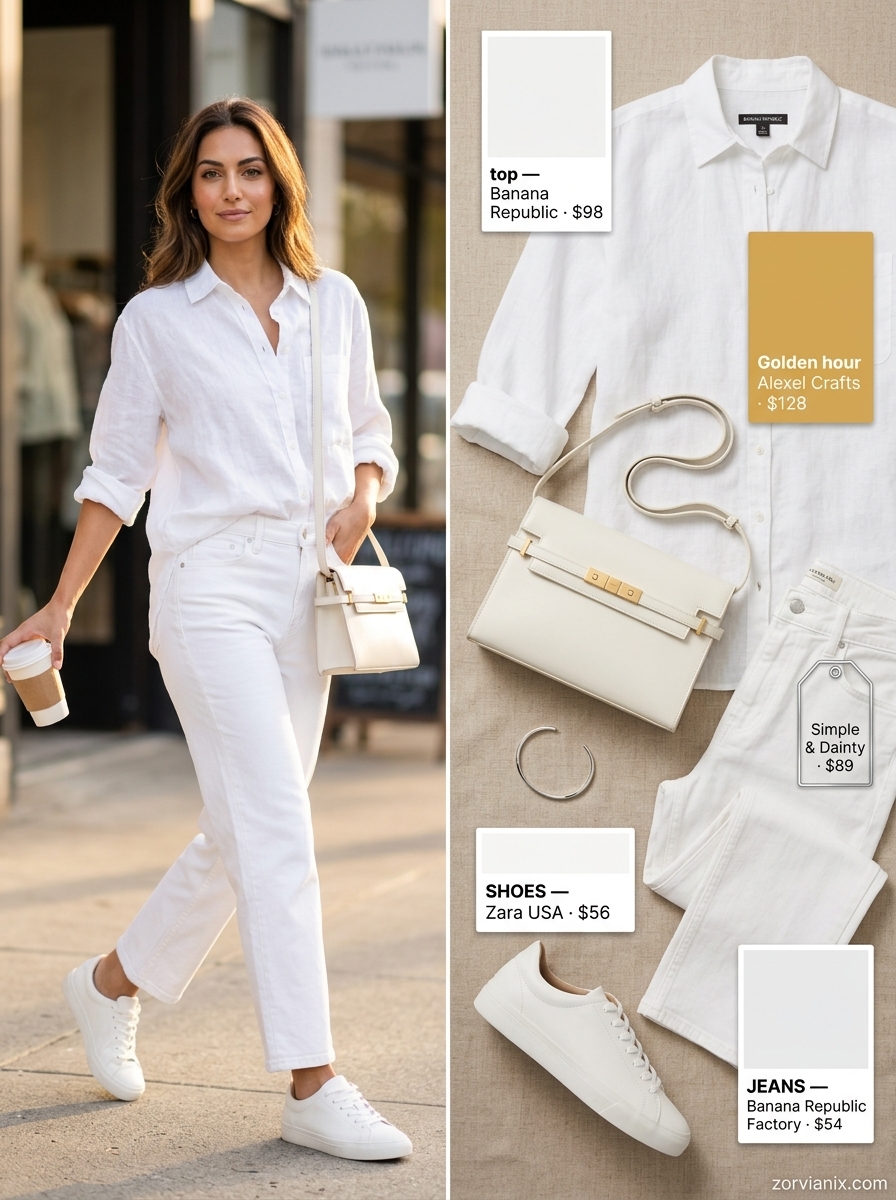 Summer white jeans outfits for women 2026: All-white monochromatic look with linen shirt, straight jeans, and sneakers.