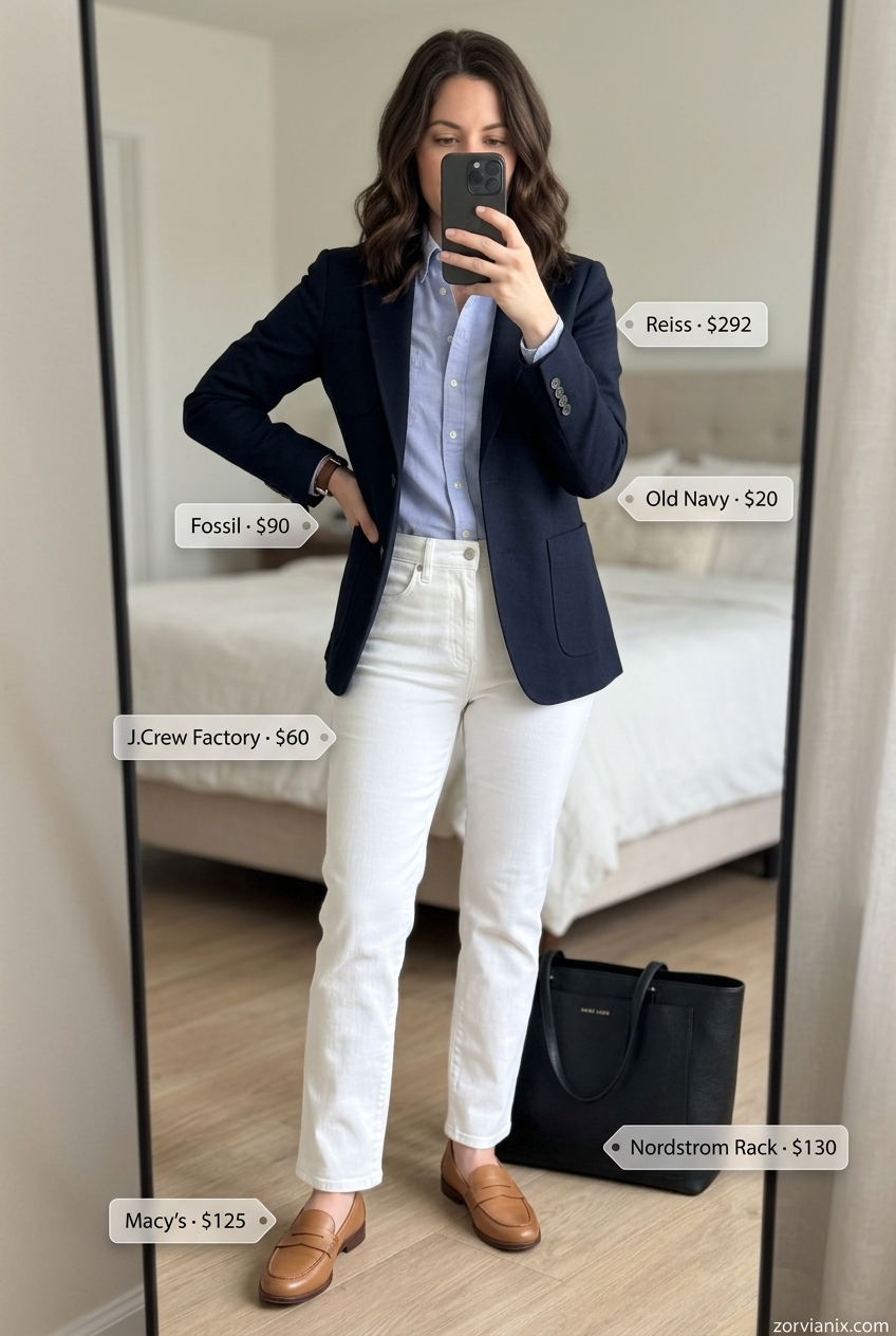Summer white jeans outfits for women 2026: Tailored white jeans, blue shirt, navy blazer for business casual office.