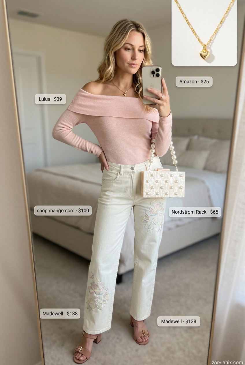 Summer white jeans outfits for women 2026: White embroidered jeans, blush off-shoulder top, block heels for date night.