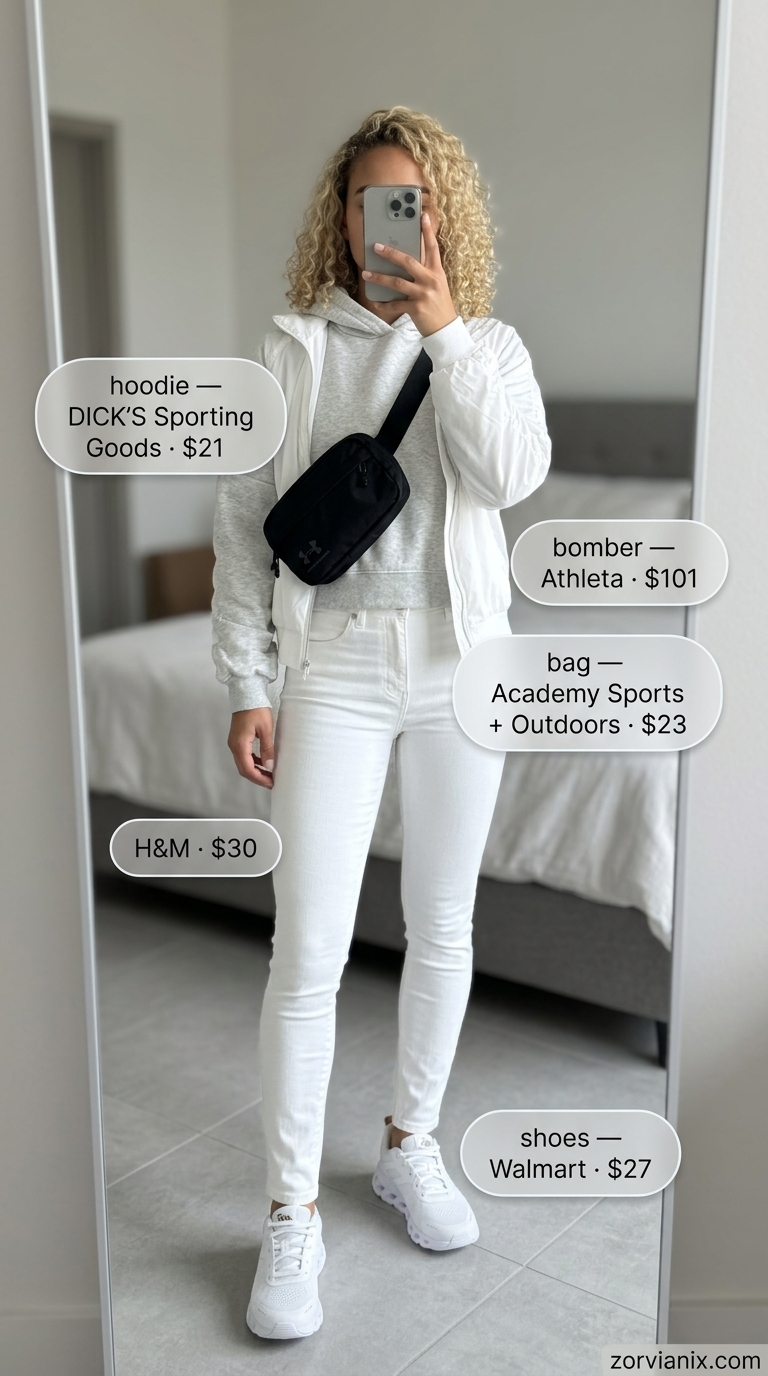 Summer white jeans outfits for women 2026: Sporty style with skinny white jeans, bomber jacket, and hoodie.
