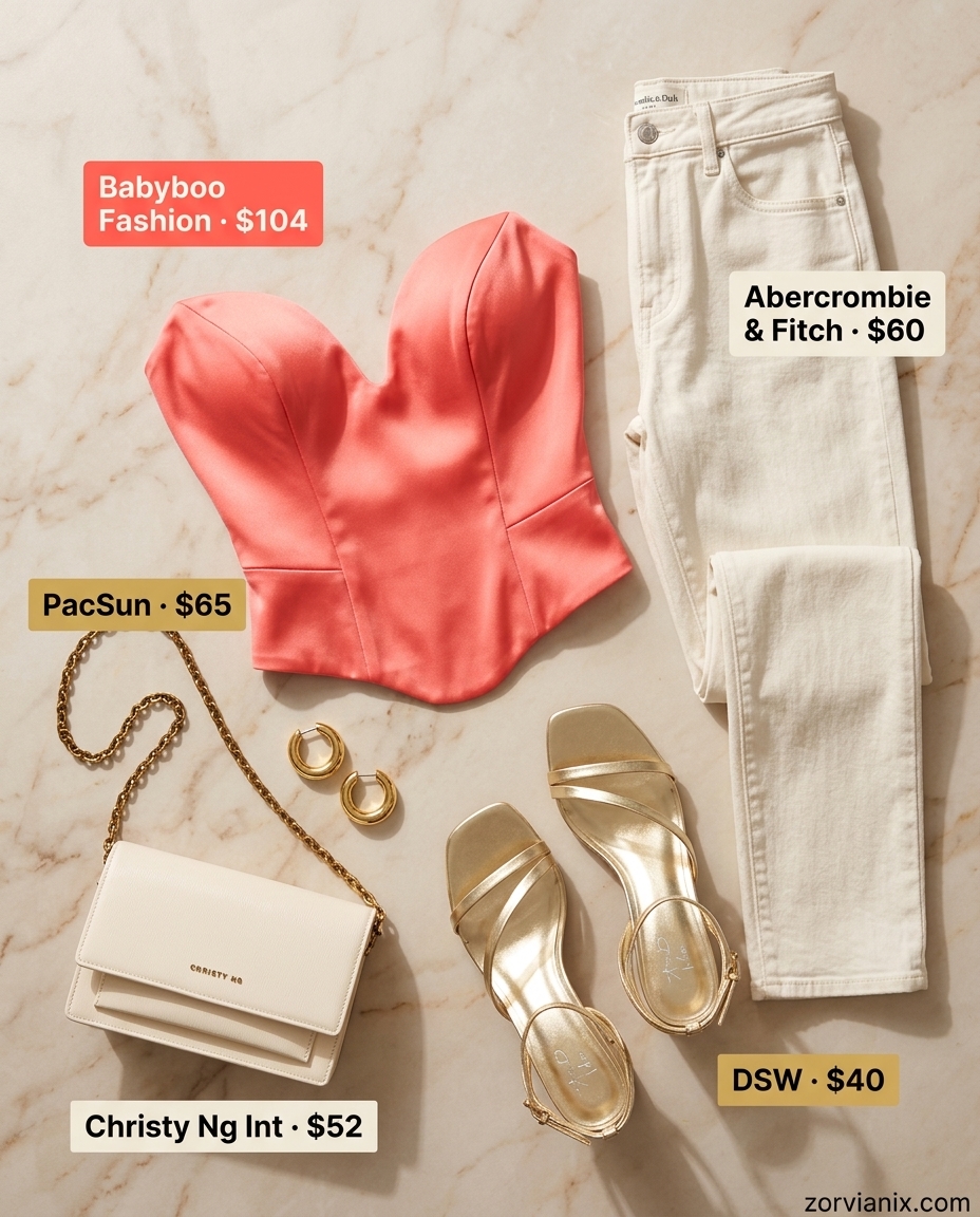 Summer white jeans outfits for women 2026: White high-rise jeans, coral corset top, gold hoops for summer evenings.