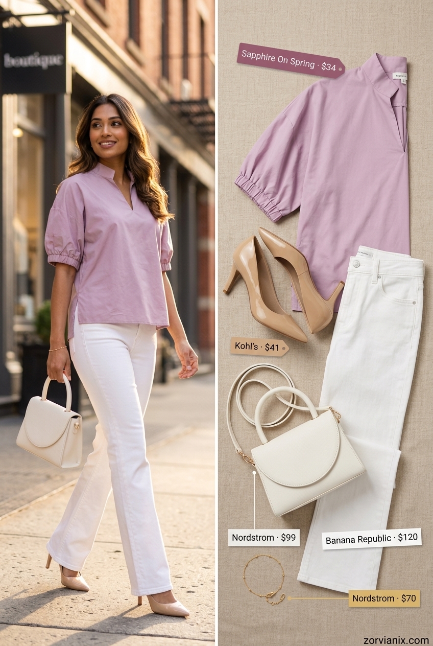 Summer white jeans outfits for women 2026: White bootcut jeans, lavender chiffon blouse, gold jewelry for a sunset cruise.