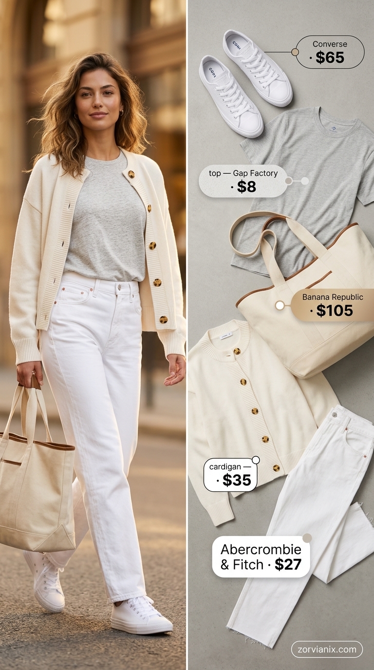 Summer white jeans outfits for women 2026: Relaxed white jeans, beige cardigan, grey tee, and tote for weekend getaways.