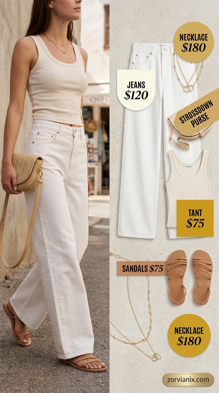 Summer white jeans outfits for women 2026: Wide-leg white jeans with ribbed tank and straw crossbody for a chic look.