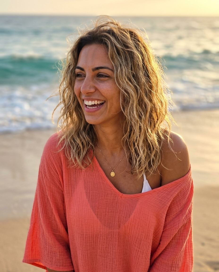 long sun-kissed blonde beach waves with golden highlights, tousled texture, and sandy undertones for beach day