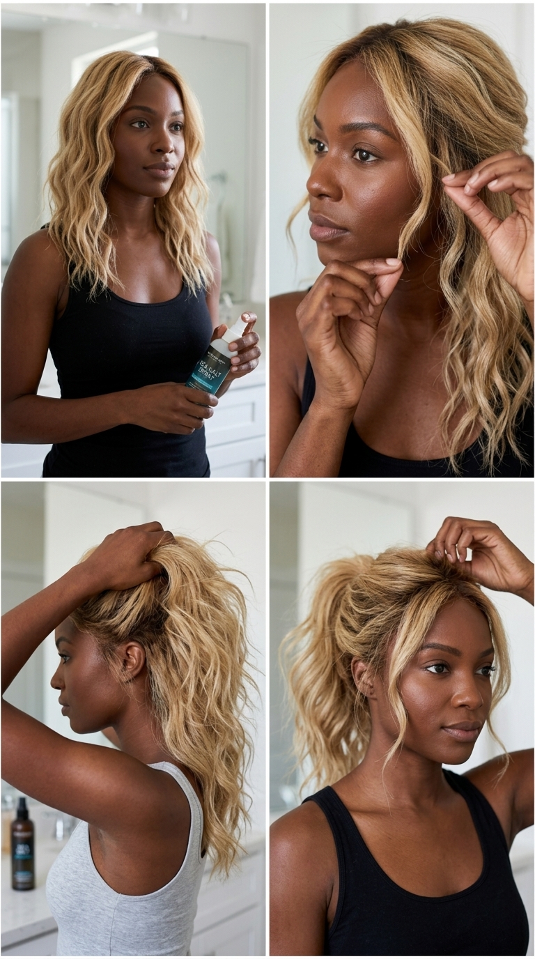 long wavy ponytail with sun-kissed blonde highlights for bohemian summer