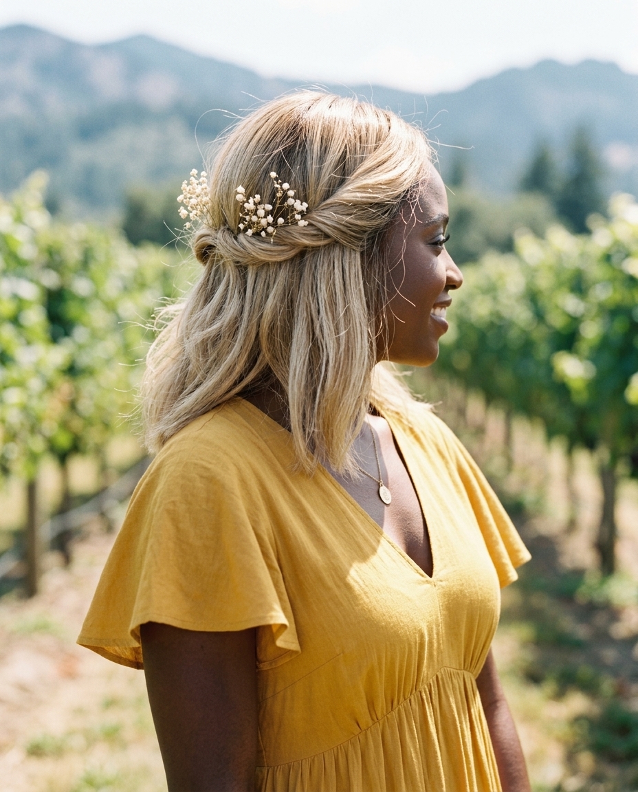 medium sun-kissed blonde half-up with baby's breath, loose twists, natural waves — bohemian wedding guest