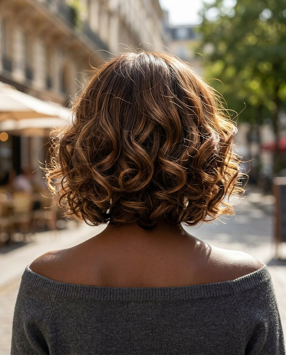 chin-length syrup brunette bob with caramel mid-lights and summer curls for romance
