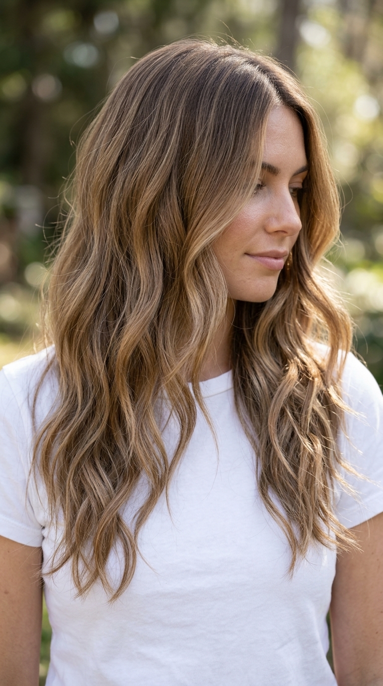 long layered wavy haircut in syrup brunette with caramel balayage for summer