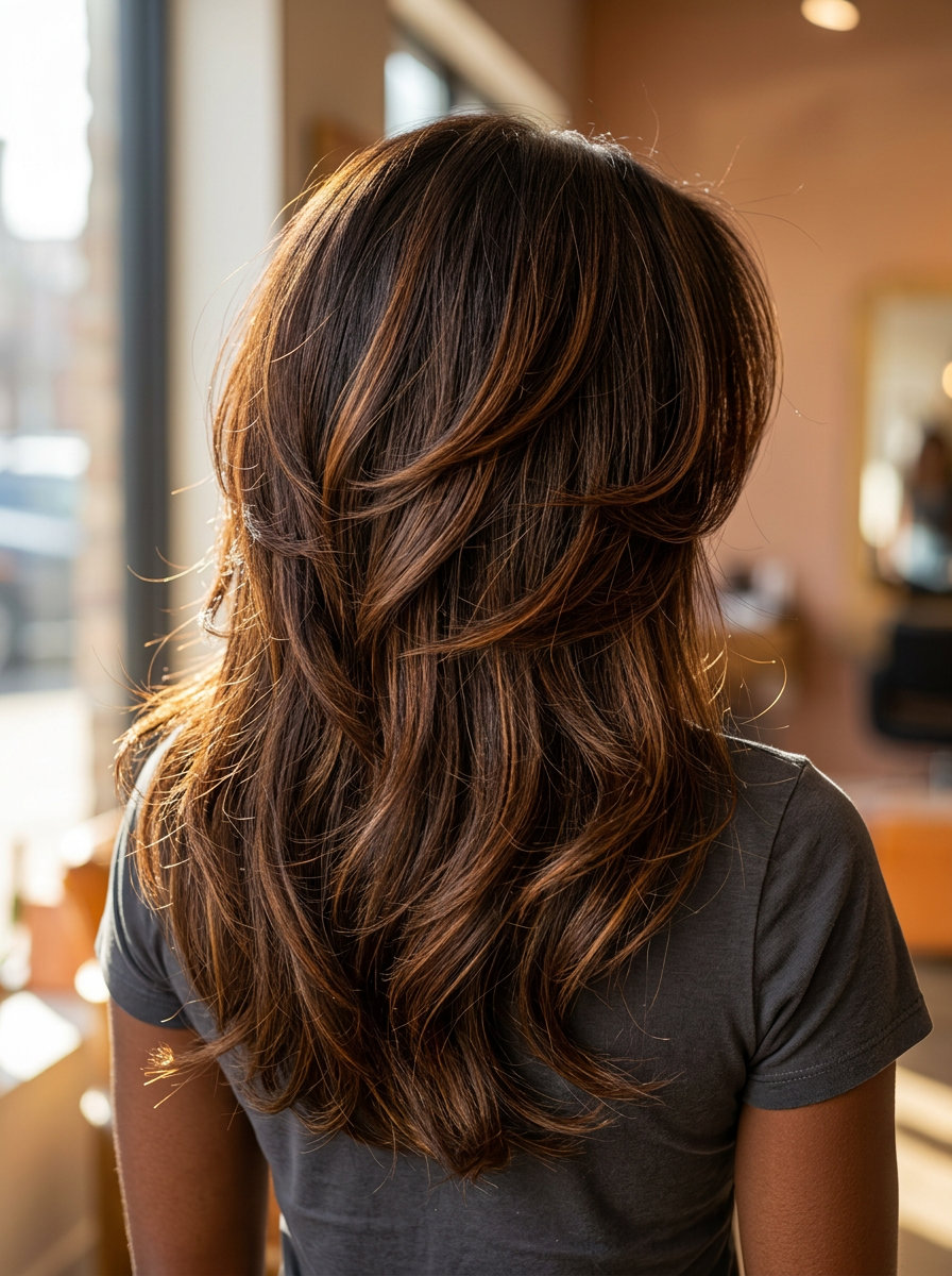 long syrup brunette shag haircut with amber lowlights and face-framing layers for texture