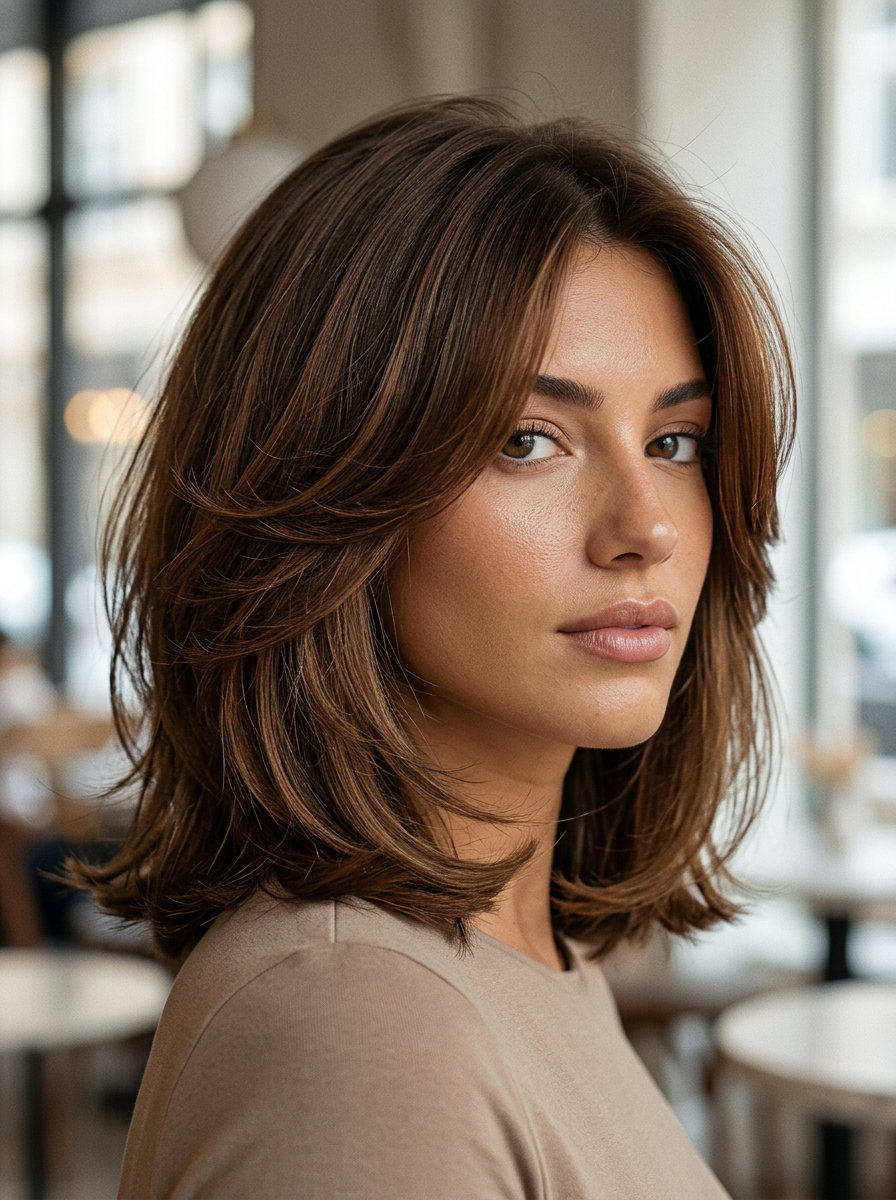 medium butterfly haircut in rich syrup brunette with golden undertones, seamless layers, sophisticated daywear