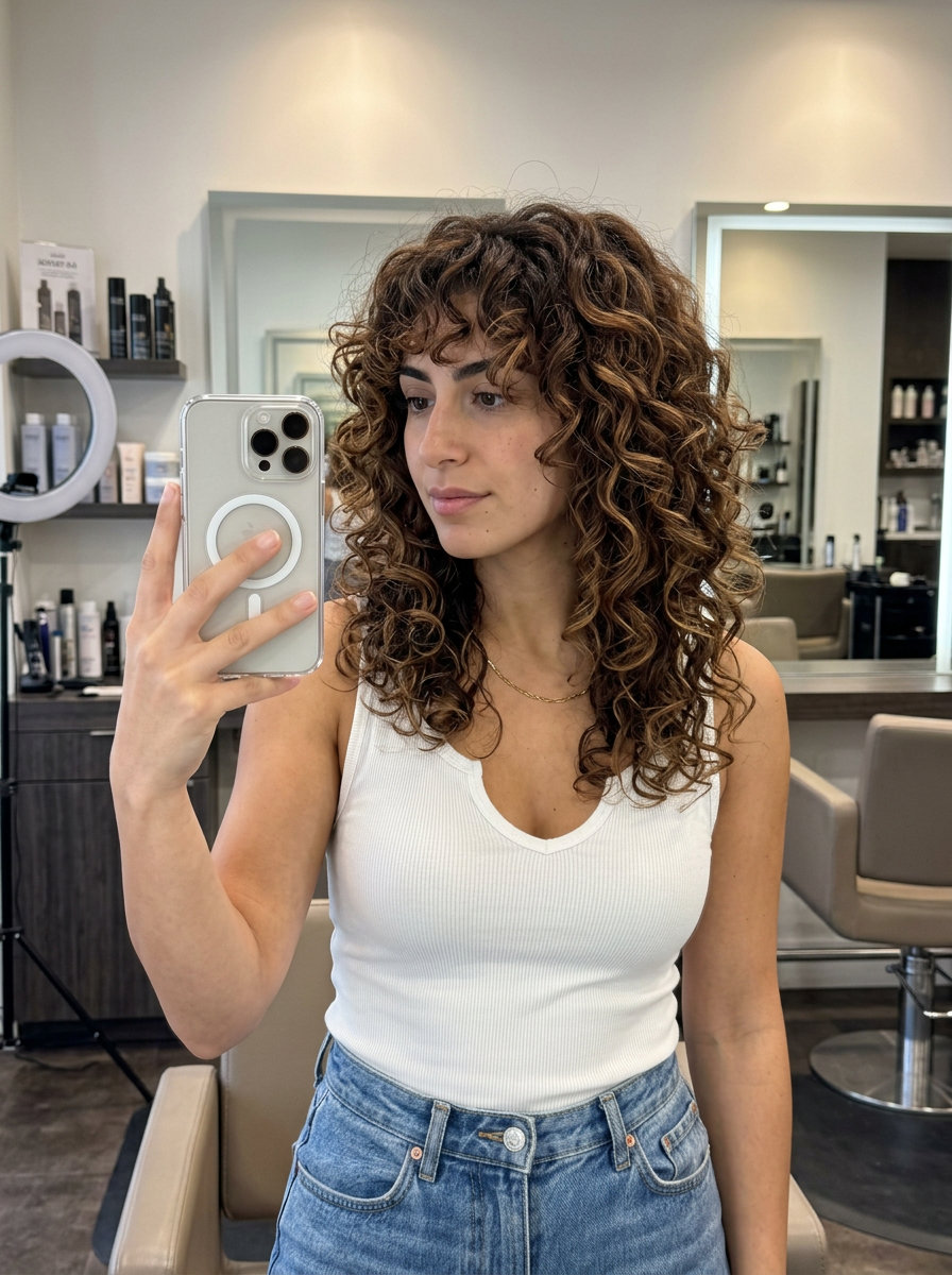 medium-length curly shag haircut in syrup brunette with caramel balayage, curly bangs — bold natural