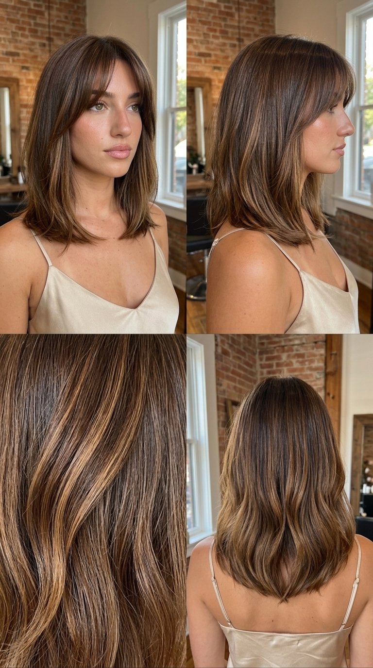 medium lob haircut with caramel balayage, French bangs, and soft layers for a romantic look