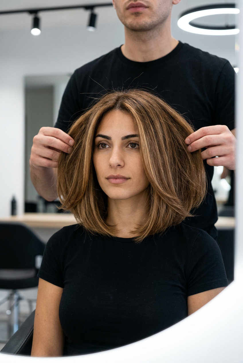 shoulder-grazing bob with syrup brunette, golden mid-lights, invisible internal layers — playful summer haircut for round face