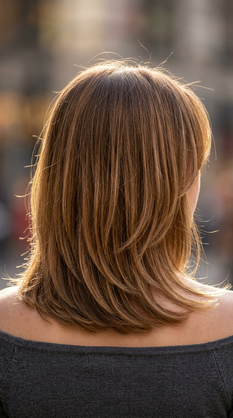 shoulder-length shag haircut in syrup brunette with ghost layers and curtain bangs for chic look