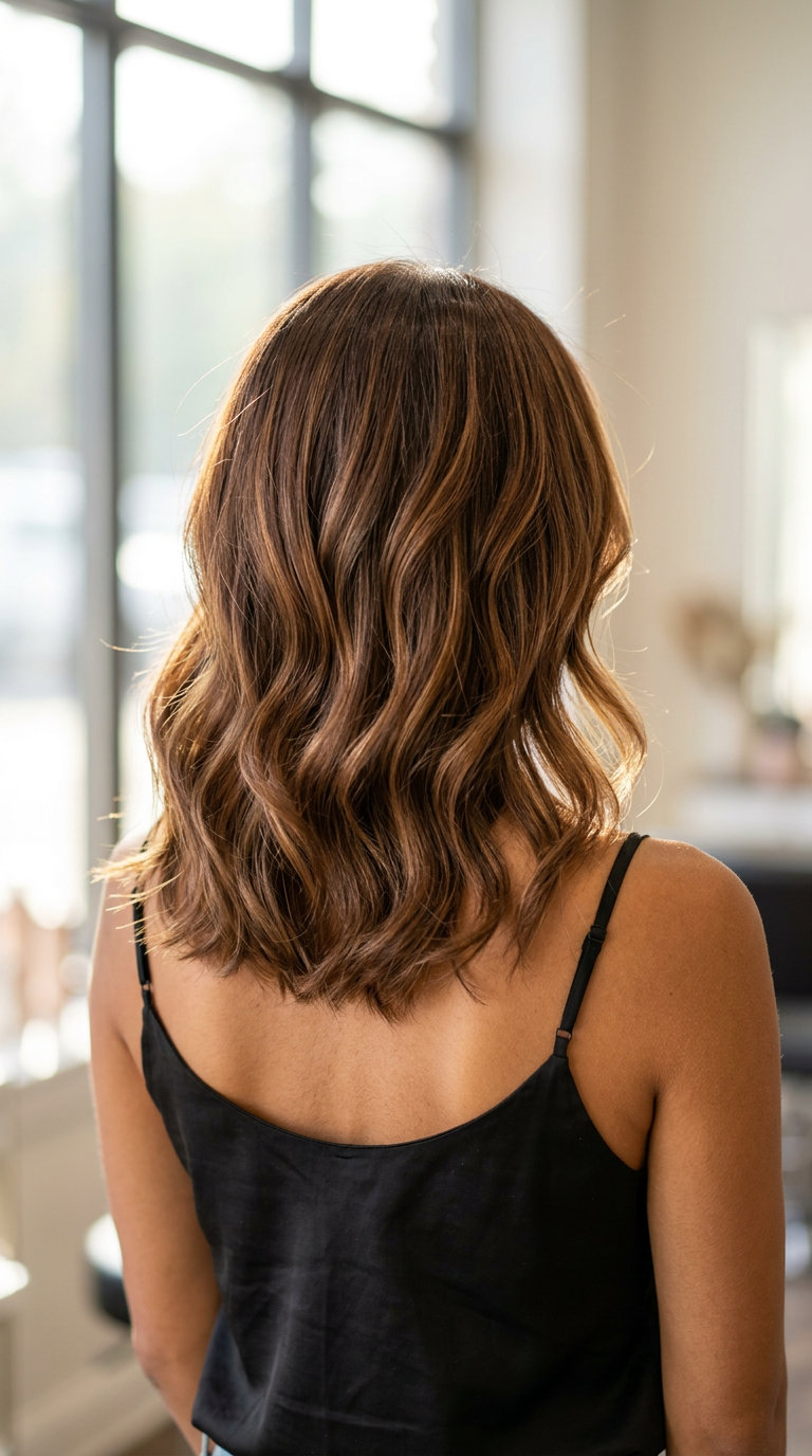 midi-length syrup butterfly haircut with caramel ribbons and swingy ends for professional chic