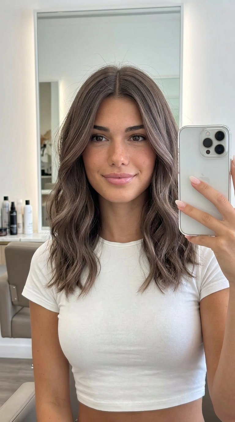 long taupe haze hair with violet-brown, air-touch balayage for beach vacations