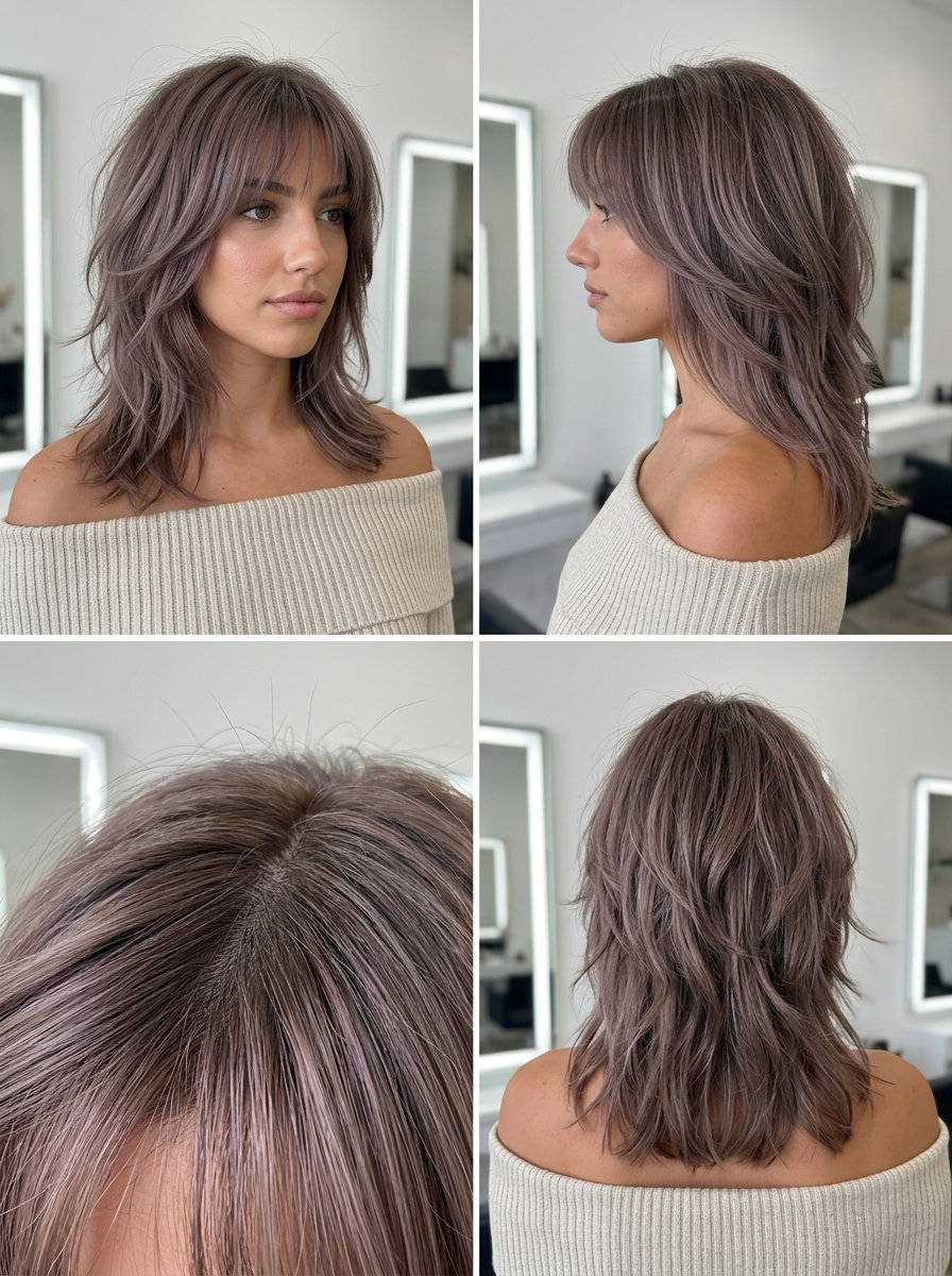 shoulder-length taupe haze hair with ash-violet, air-touch balayage for festivals
