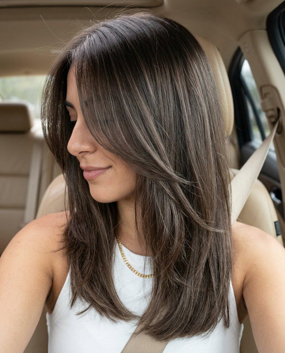 long layered brunette hair with deep taupe cool beige highlights, subtle tone-on-tone balayage for formal events