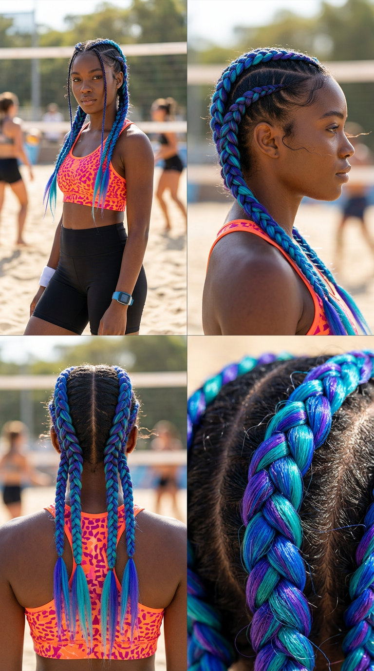 long vivid teal Dutch braids with deep violet base for festival