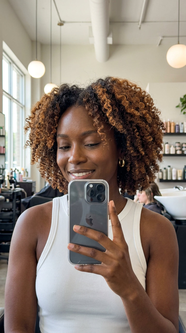 afro terracotta textured highlights with copper-gold, pintura hand-painted, no fringe — bold vacation