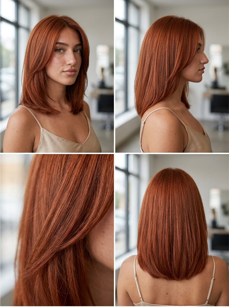 medium blunt 'Terracotta Sunset' solid with deep copper-red, all-over color — bold summer hair