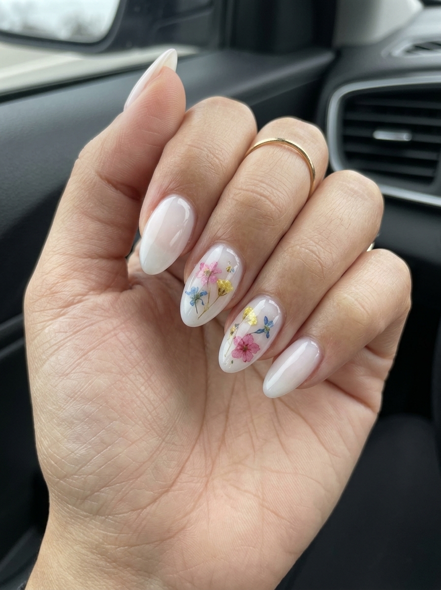 Ethereal Bloom Bath Almond Nails 2026 Trending summer nails 2026: Ethereal Bloom Bath Almond for weddings. Sheer white milky nails with delicate dried flowers.