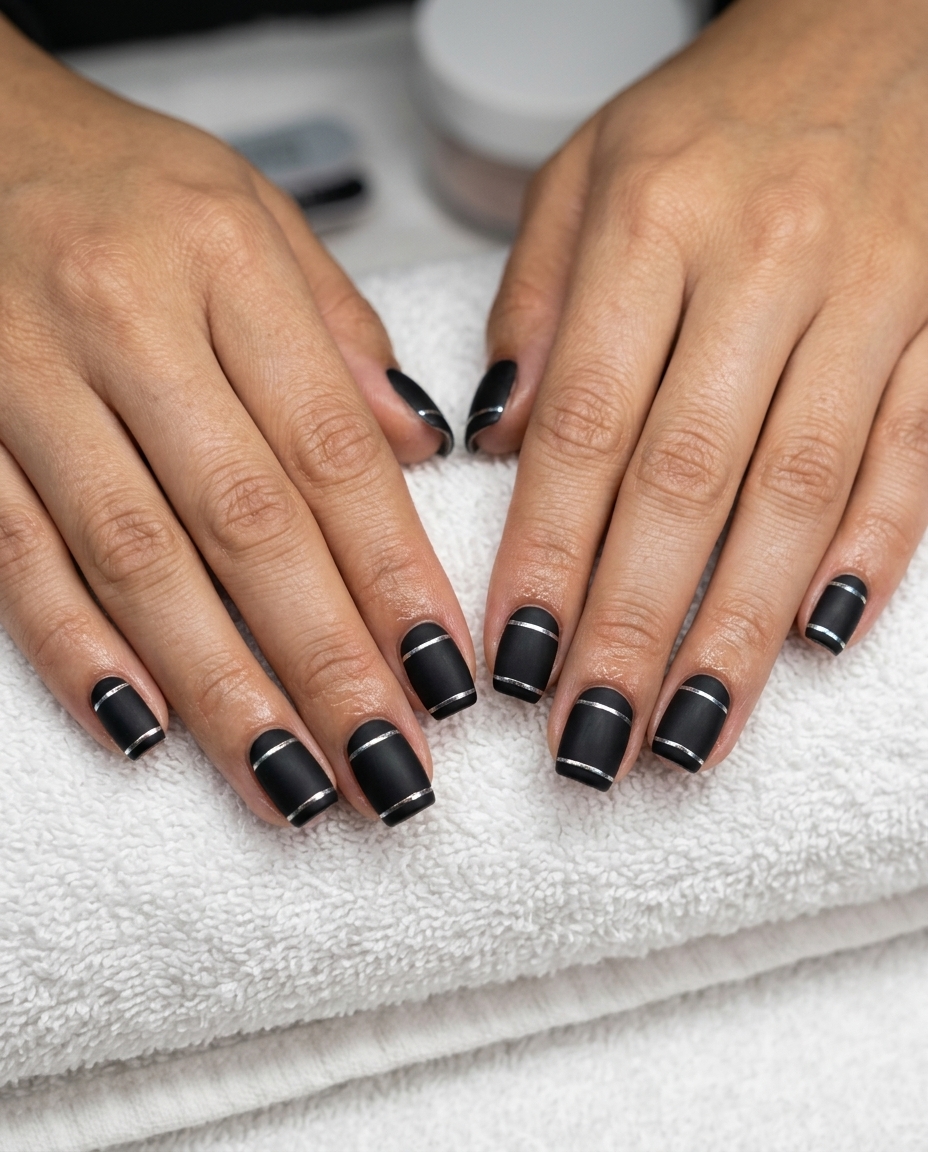 Geometric Silver Line Nails 2026: Chic & Modern Geometric Silver Lines Square nails: minimalist, sophisticated, trending summer nails 2026 for daily wear.