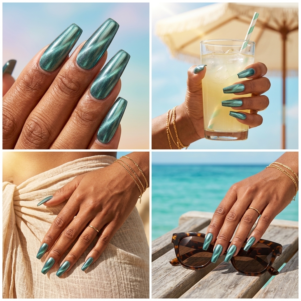 Interstellar Cat-Eye Coffin Nails 2026 Trending summer nails 2026: Futuristic Interstellar Cat-Eye Coffin for festivals. Deep indigo with shifting chrome cat-eye.