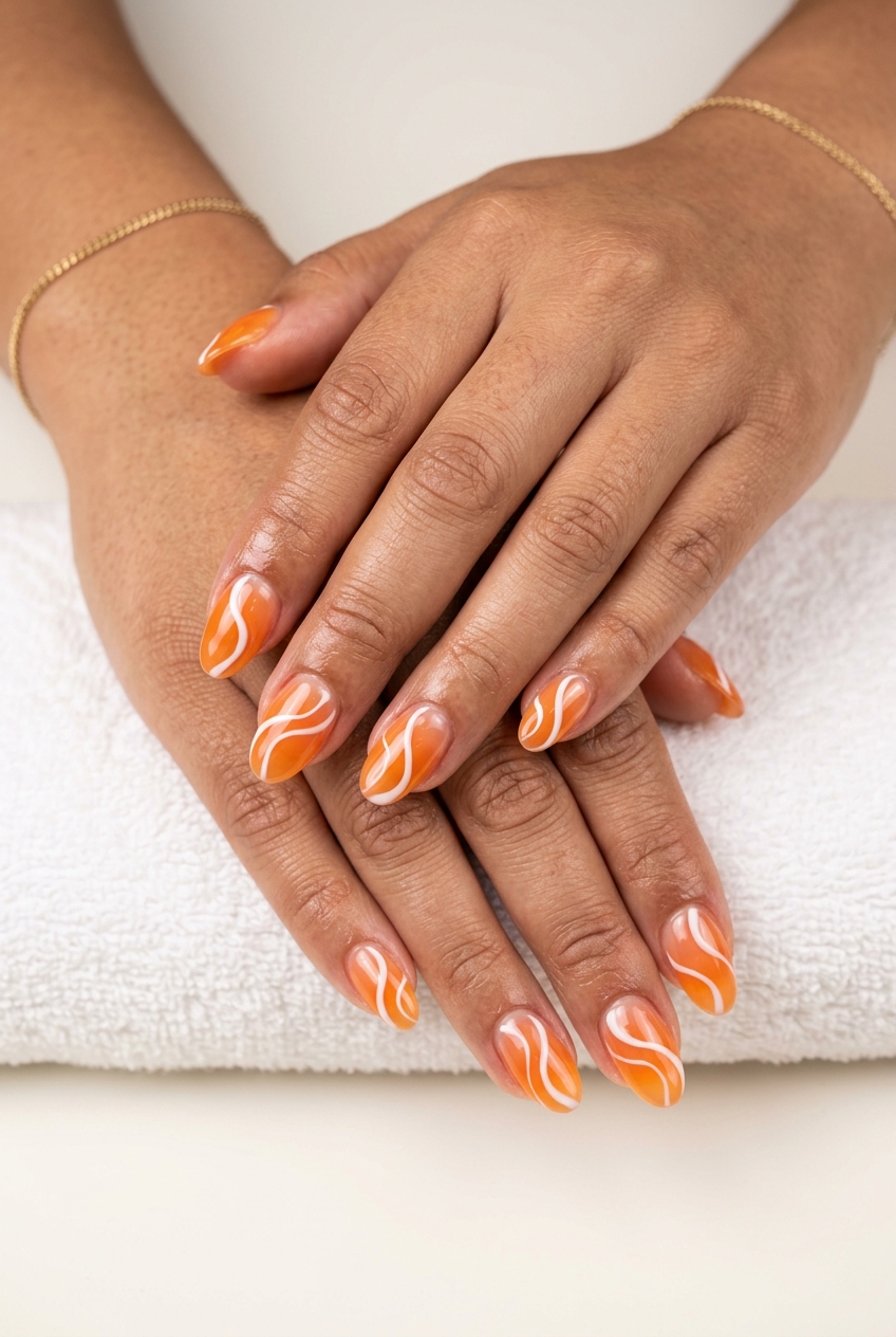 Jelly Orange Swirl Nails 2026: Summer Vibes Jelly Orange Swirls Oval nails: playful, vibrant, trending summer nails 2026 for vacation.