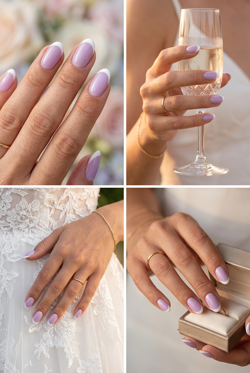 Lilac Moon French Nails 2026 Trending summer nails 2026: Romantic Lilac Moon French for weddings. Milky lilac with white reverse French tip.