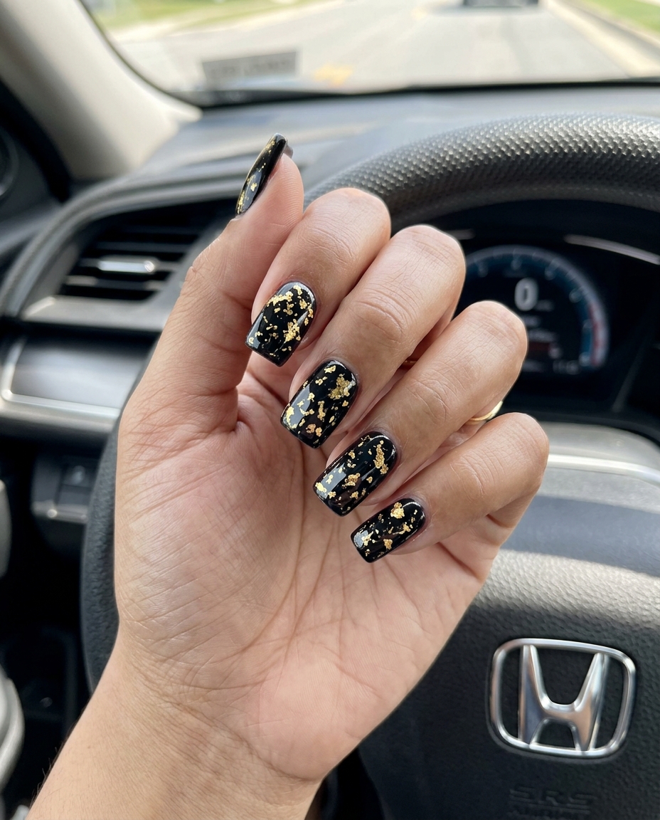 Gold Foil Flake Nails 2026 | Glamorous Black Metallic gold foil flakes square nails for trending summer nails 2026, perfect for parties and summer events.