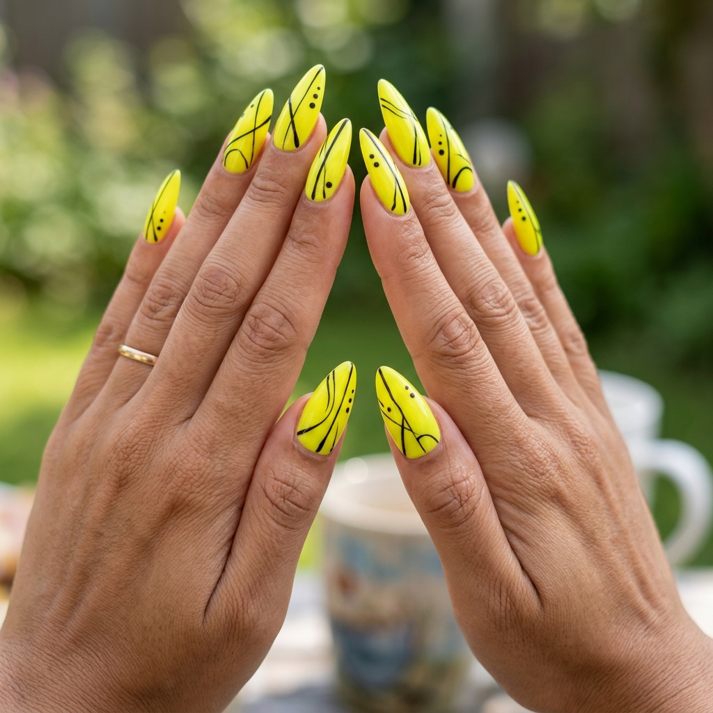 Neon Yellow Stiletto Pop Art nails: edgy, bold lines, trending summer nails 2026 for festivals.