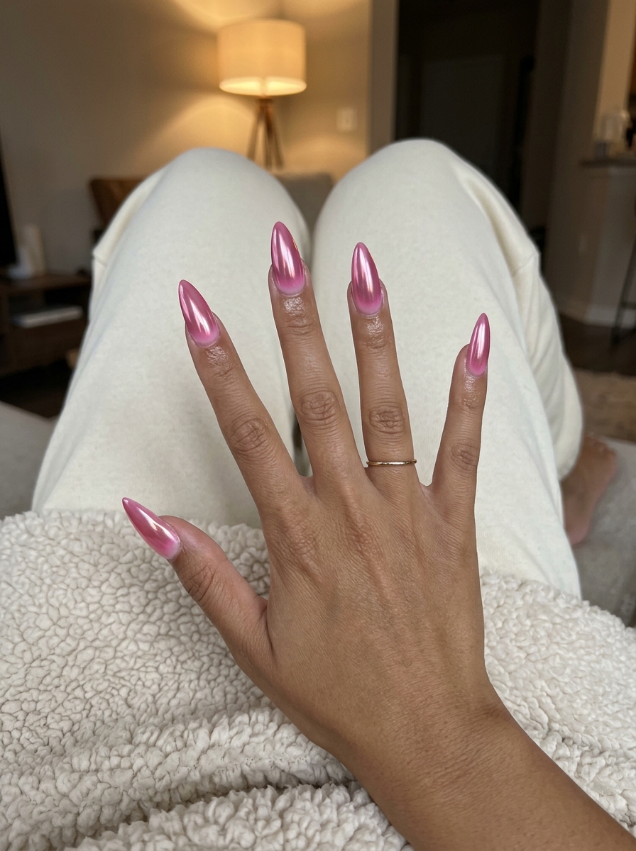 Radiant Chrome Aura Stiletto Nails 2026: Glam Party Radiant Chrome Aura Stiletto nails: glamorous, futuristic, trending summer nails 2026 for parties.