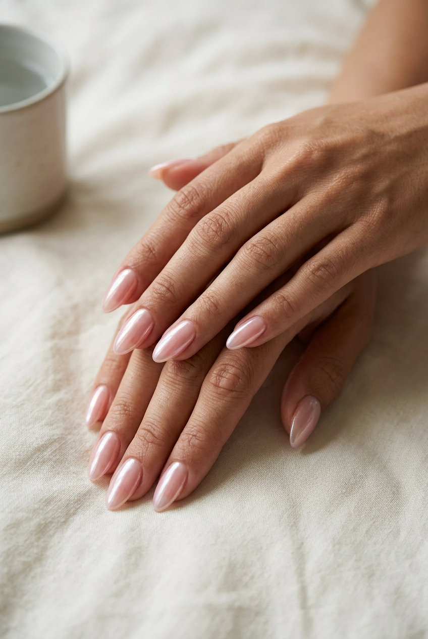 Sheer Pink Glazed Donut Almond Nails 2026 Trending summer nails 2026: Romantic Sheer Pink Glazed Donut Almond for date nights. Sheer pink with iridescent pearl glaze.