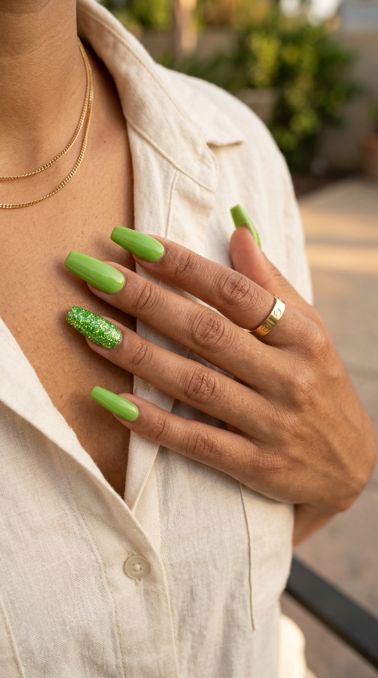 Sparkling Green Pop Coffin Nails 2026 | Festival Glam Sparkling green pop coffin nails for trending summer nails 2026, ideal for festivals and summer parties.