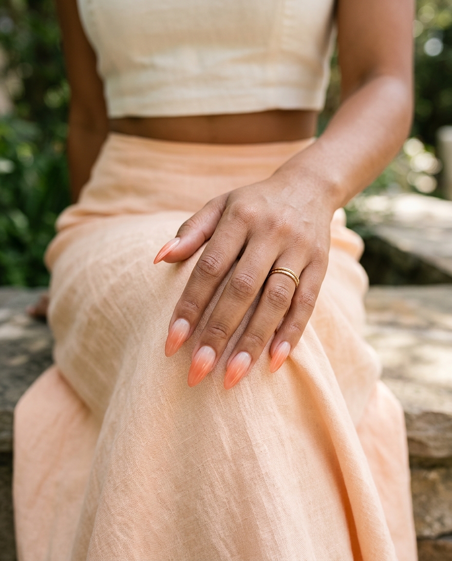 Sunset Peach Ombre Nails 2026: Romantic Summer Sunset Peach Ombre Almond nails: romantic, warm, trending summer nails 2026 for vacation.