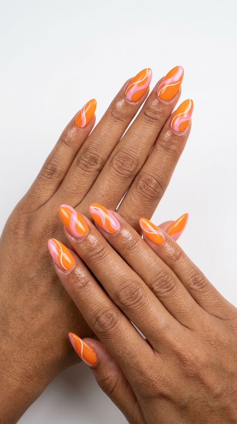 Tropical Sunset Swirl Nails 2026: Vacation Style Tropical Sunset Swirl nails: juicy orange & pink abstract swirls, trending summer nails 2026 for vacation.