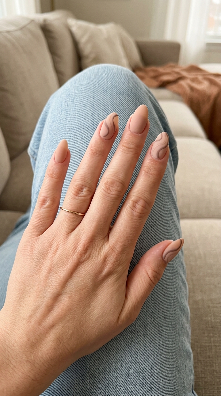 Velvet Nude Abstract Nails 2026 | Sophisticated Style Velvet nude abstract swirls nails for trending summer nails 2026, perfect for office and sophisticated events.
