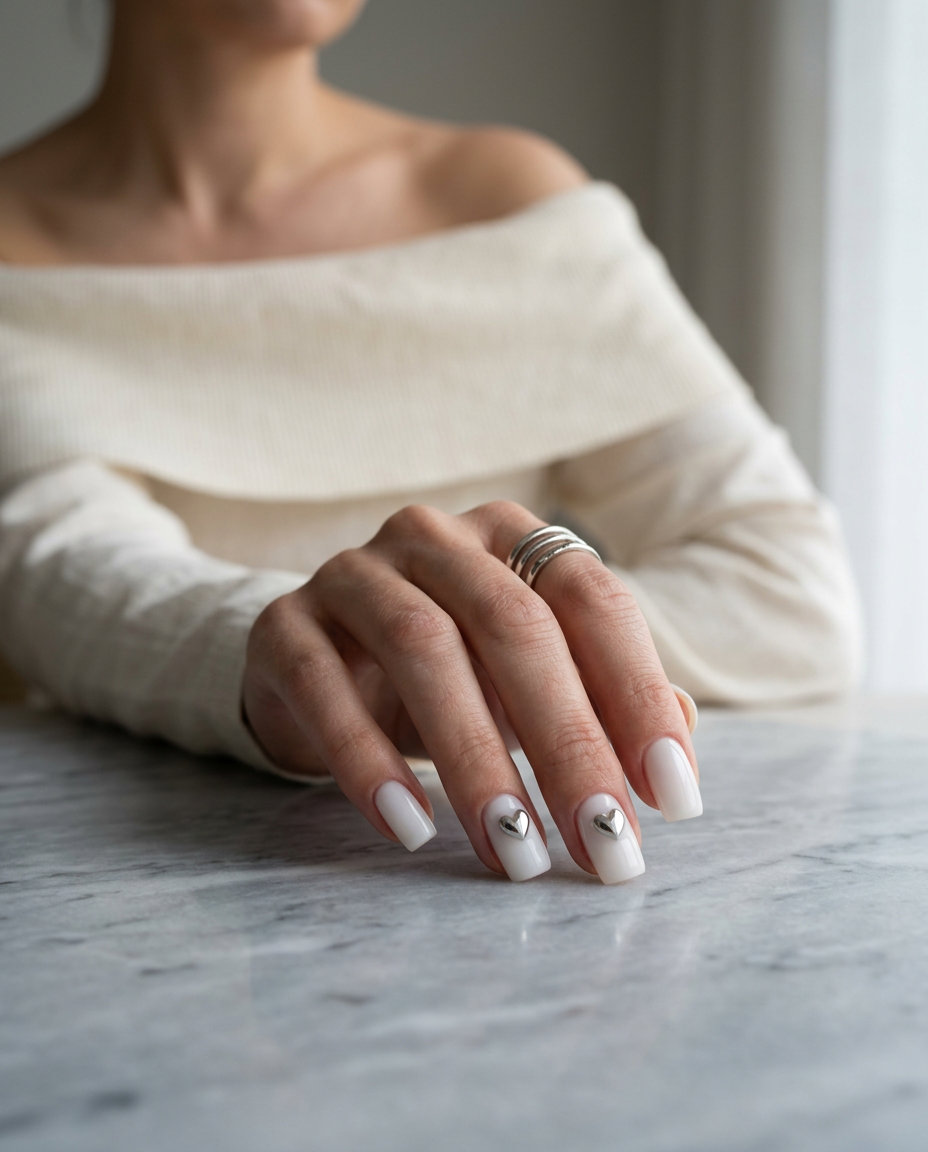 Trendy Summer Nails 2026: 3D Chrome Heart Soft Square 3D Chrome Heart Soft Square: Edgy, dimensional trendy summer nails 2026 for parties, nights out, and fashion-forward looks.