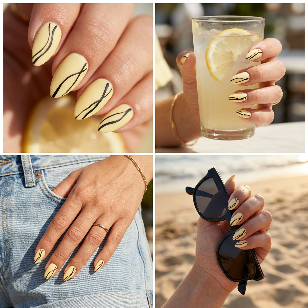 Trendy Summer Nails 2026: Butter Yellow Abstract Lines Butter Yellow Abstract Lines: Trendy summer nails 2026 for edgy, minimalist style on daily or casual weekend outings.